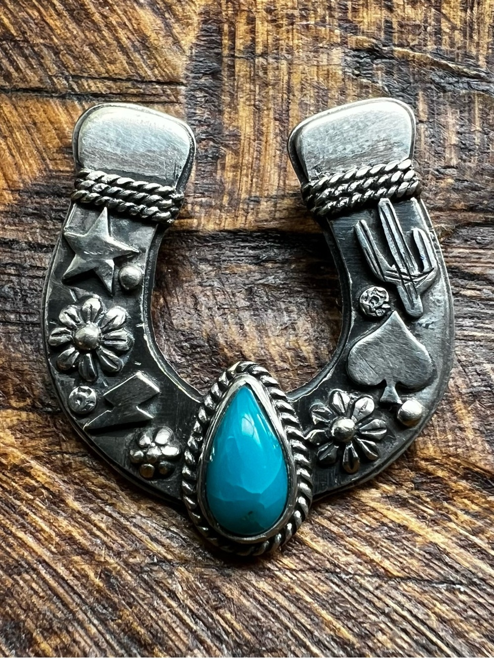 Sterling Silver Kingman Turquoise Horseshoe Pendant Western